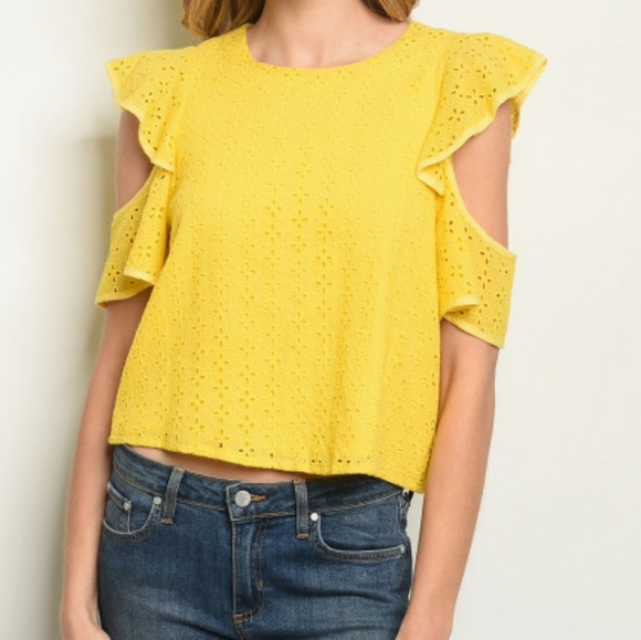 Yellow Eyelet Lace Split-Shoulder Top - Picture 1 of 4